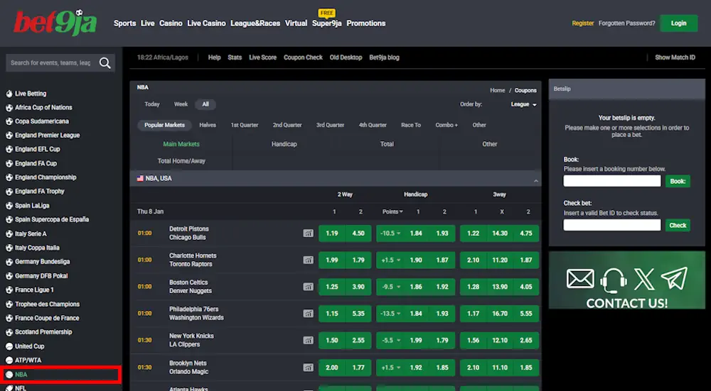 Bet9ja Basketball NBA Betting Screenshot